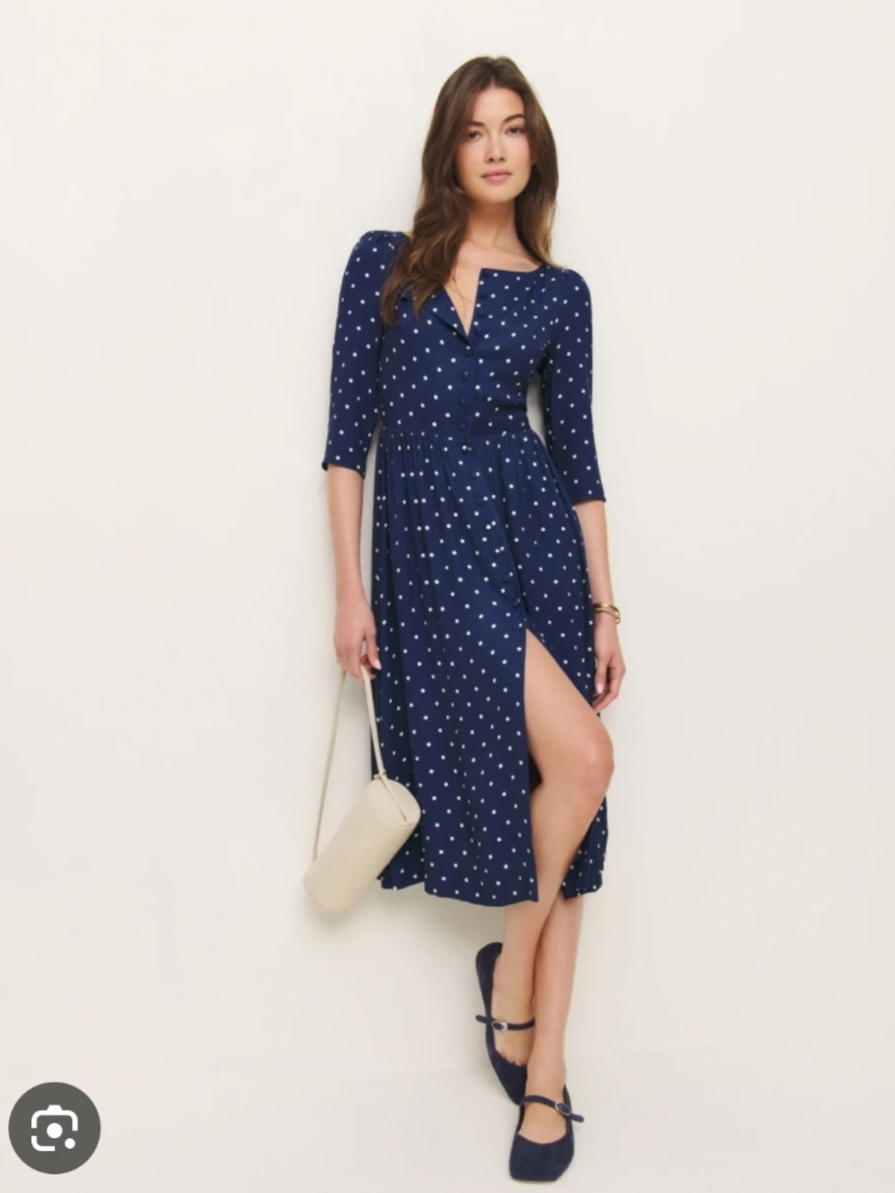 Reformation Navy Blue Polka Dot Midi Dress